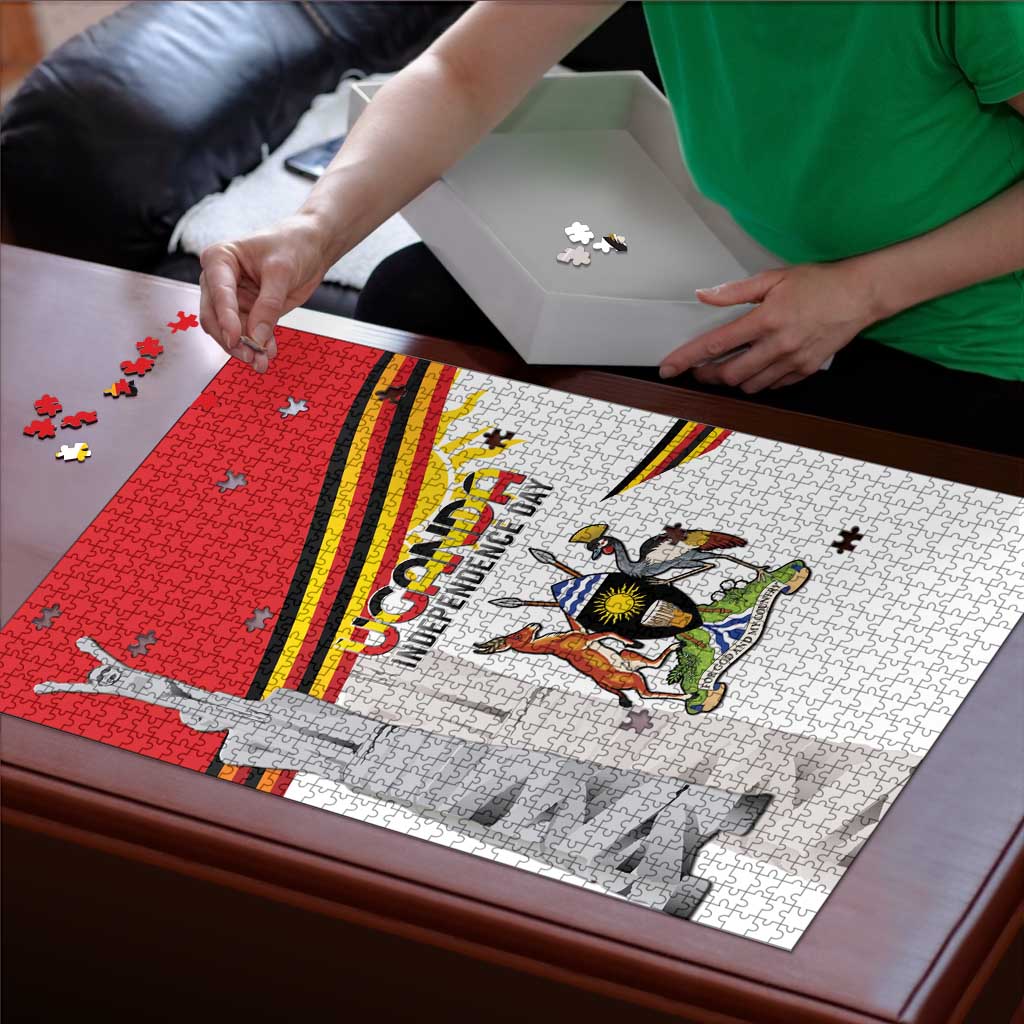 Uganda Independence Day jigsaw puzzle with flag rays and coat of arms, being assembled