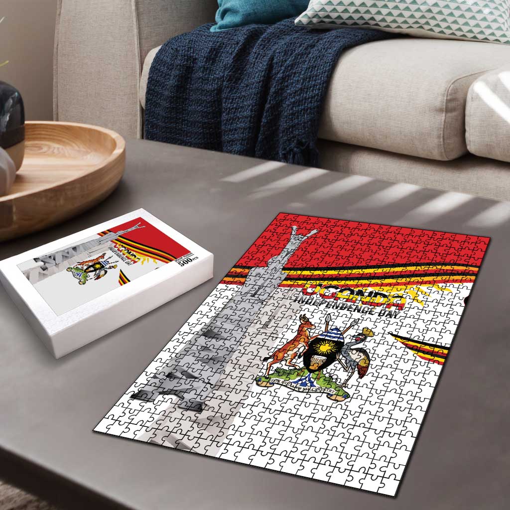 Uganda Independence Day jigsaw puzzle laid out with coat of arms artwork and loose box