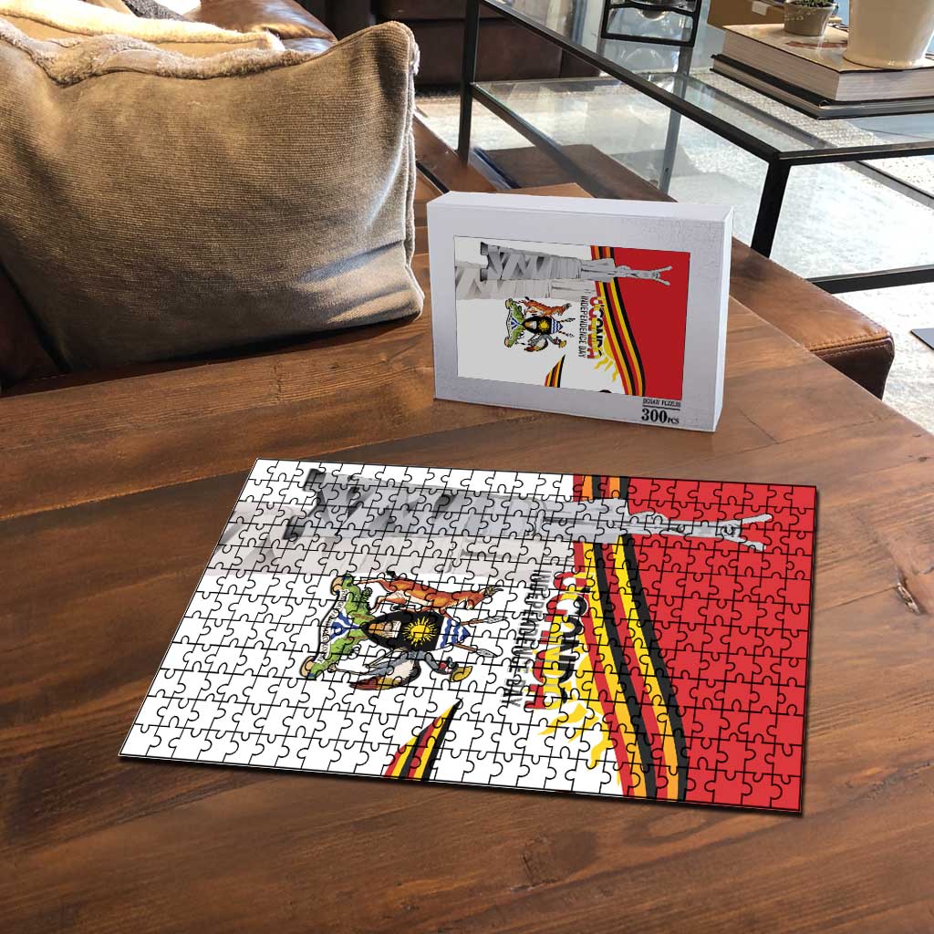 Uganda Independence Day jigsaw puzzle with flag and coat of arms, partially assembled on table