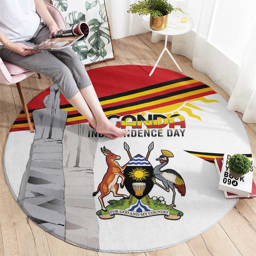 Round rug featuring Uganda independence day crest, monument silhouette, and red yellow stripe design
