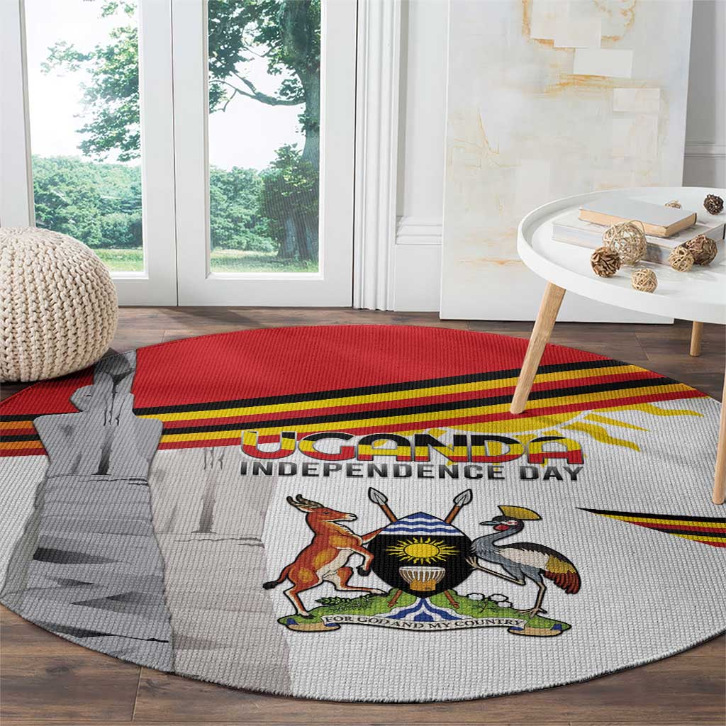 Round rug with Uganda independence day coat of arms, red banner stripes, and monument silhouette