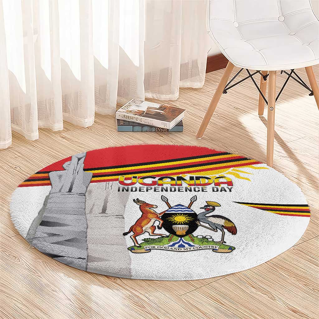 Round Uganda independence rug with coat of arms and red yellow stripe graphic with monument