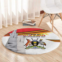 Round Uganda independence rug with coat of arms and red yellow stripe graphic with monument