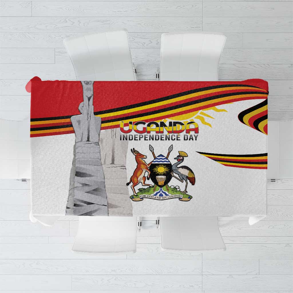 Uganda Independence Day tablecloth, white with red/yellow/black stripes and coat of arms