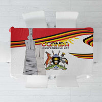 Uganda Independence Day tablecloth, white with red/yellow/black stripes and coat of arms