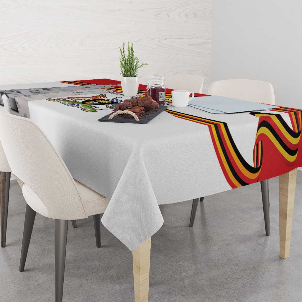 Uganda Independence Day tablecloth corner drape, white with red/yellow/black stripes and crest