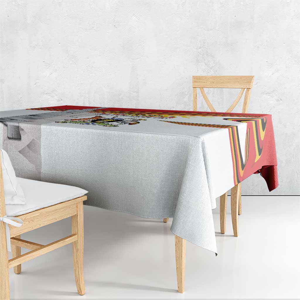 Uganda Independence Day tablecloth edge view, white with red/yellow/black trim panel