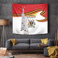 Independence day tapestry with red-and-white design, Uganda monument and coat of arms
