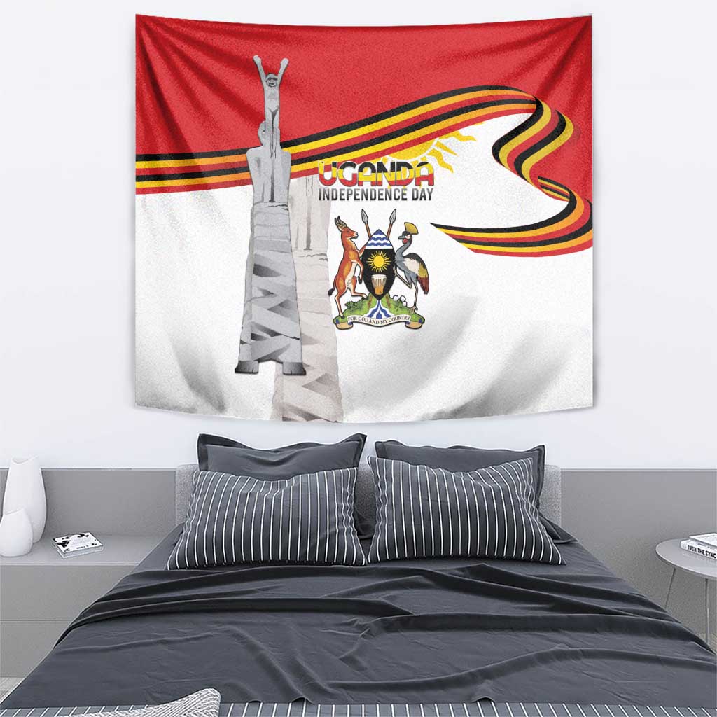 Independence day wall tapestry, red and white with monument, emblem, and striped ribbon