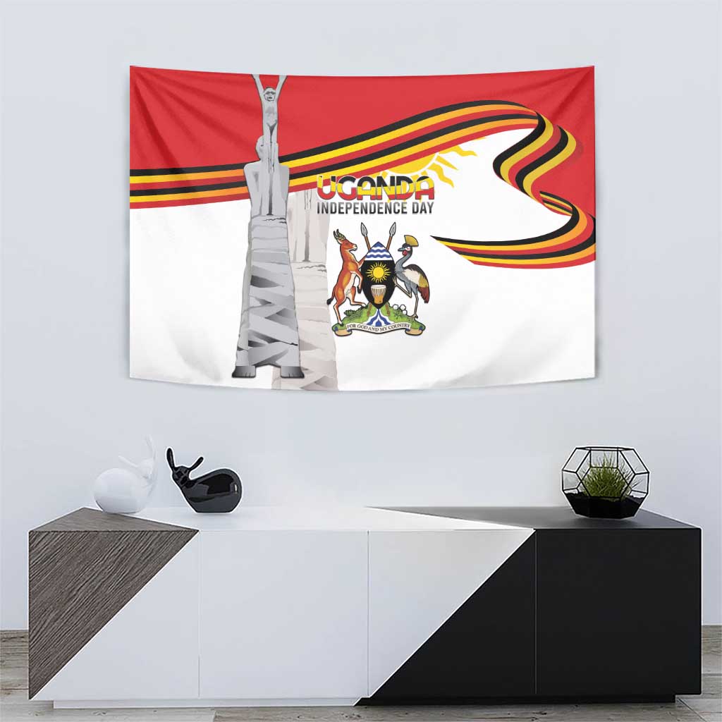 Independence day tapestry showing red top, white bottom with monument, emblem, ribbon curve