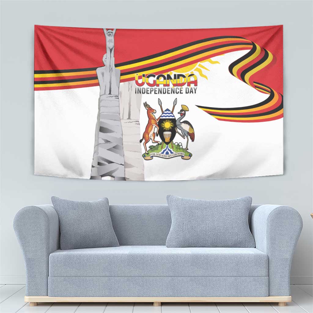 Independence day wall tapestry with red-and-white layout, monument and Uganda crest