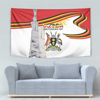 Independence day wall tapestry with red-and-white layout, monument and Uganda crest