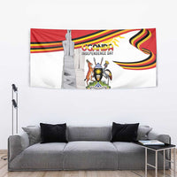 Independence day tapestry, red and white with monument, coat of arms, and ribbon stripes