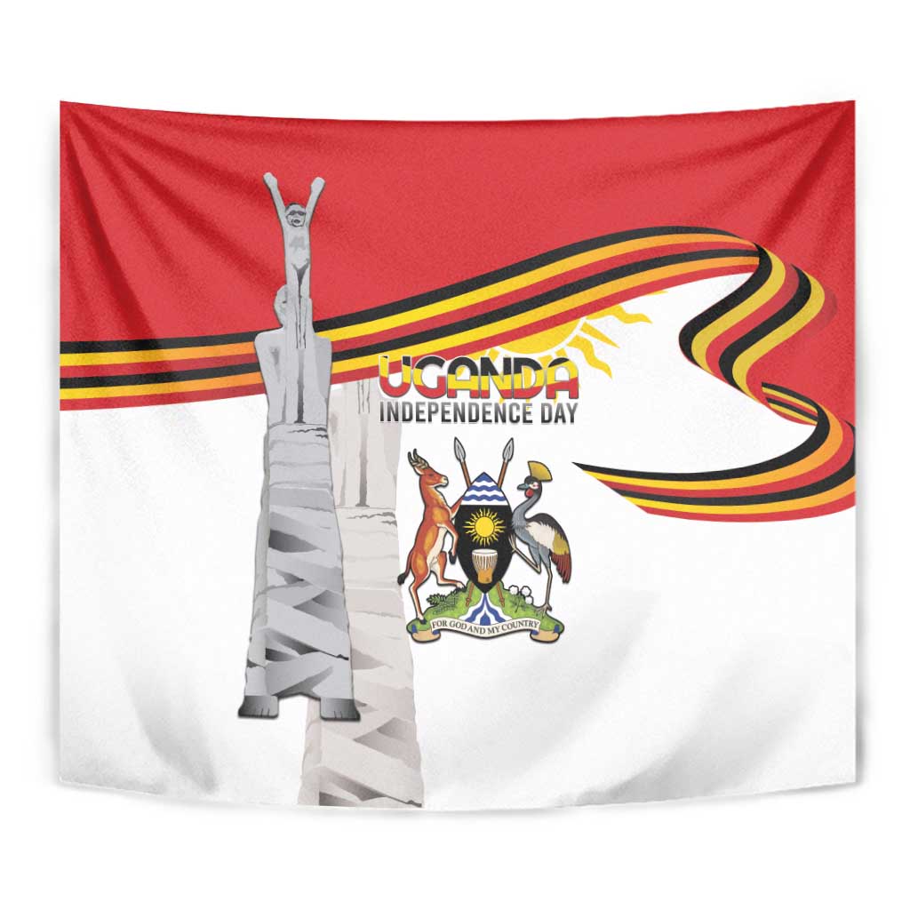 Independence day tapestry close-up: red top, white field with monument, emblem, ribbon