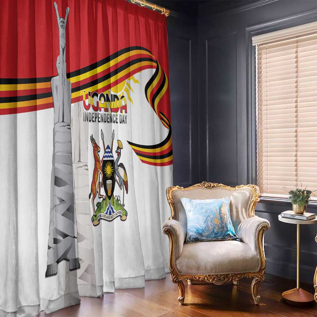 Uganda Independence Day window curtain with coat-of-arms and flag ribbon, red and white panel