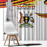 Uganda Independence Day curtain panel close-up with coat-of-arms graphic on white background