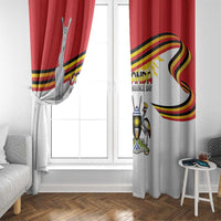 Uganda Independence Day window curtain pair with red top band and coat-of-arms print