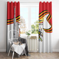 Uganda Independence Day grommet-top curtain panels in red and white with crest and ribbon