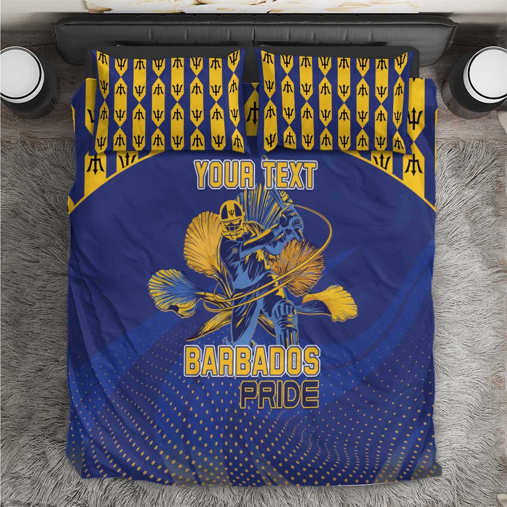 Blue and yellow duvet cover with Barbados Pride artwork and 'YOUR TEXT' banner