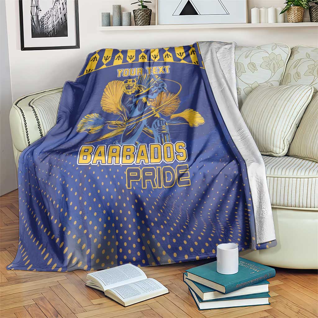 Blue cricket blanket with “BARBADOS PRIDE” and custom “YOUR TEXT” centered