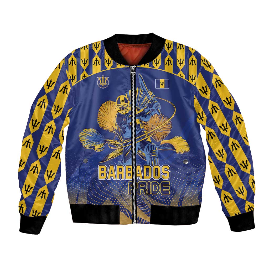 Blue and yellow cricket bomber jacket with full zipper, ribbed trim, Barbados Pride graphic