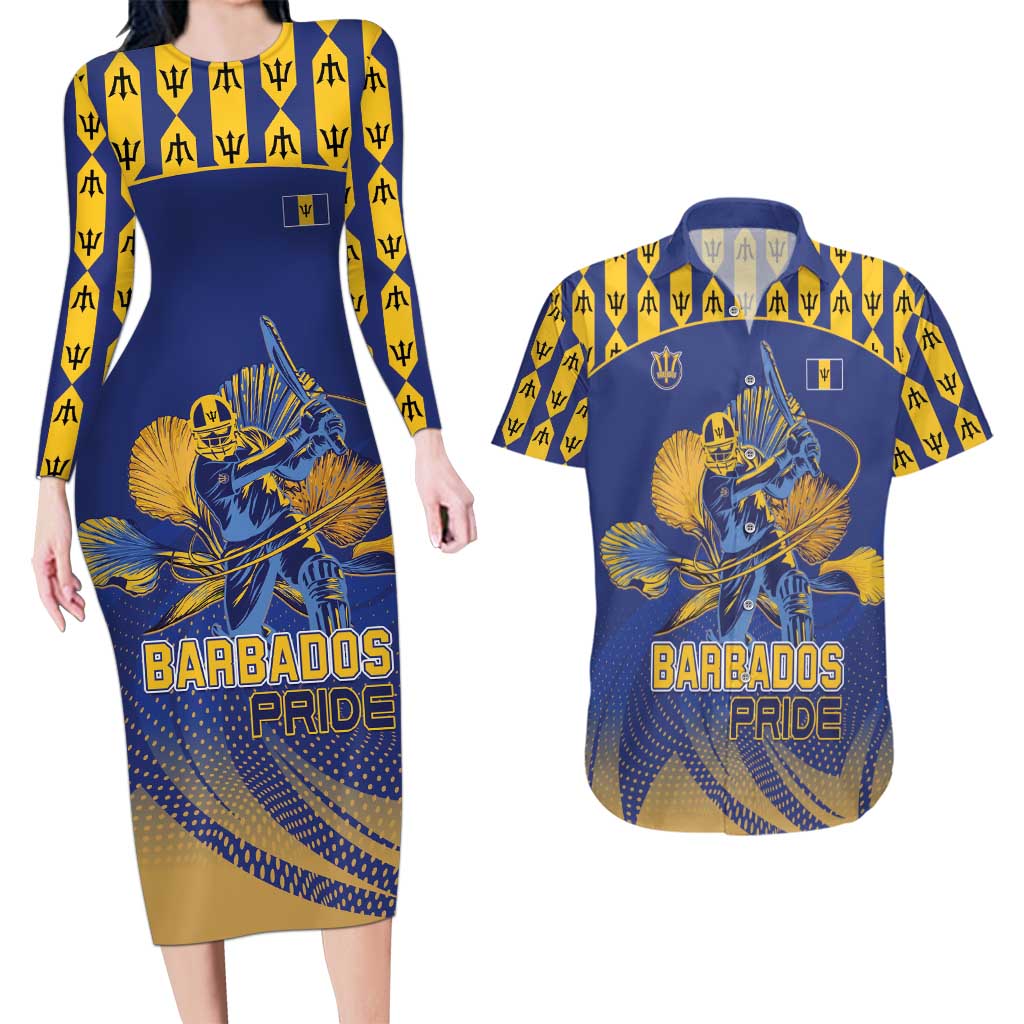 Custom Barbados Pride Cricket Couples Matching Long Sleeve Bodycon Dress and Hawaiian Shirt Dwarf Poinciana Flower Sporty Style - Wonder Print Shop