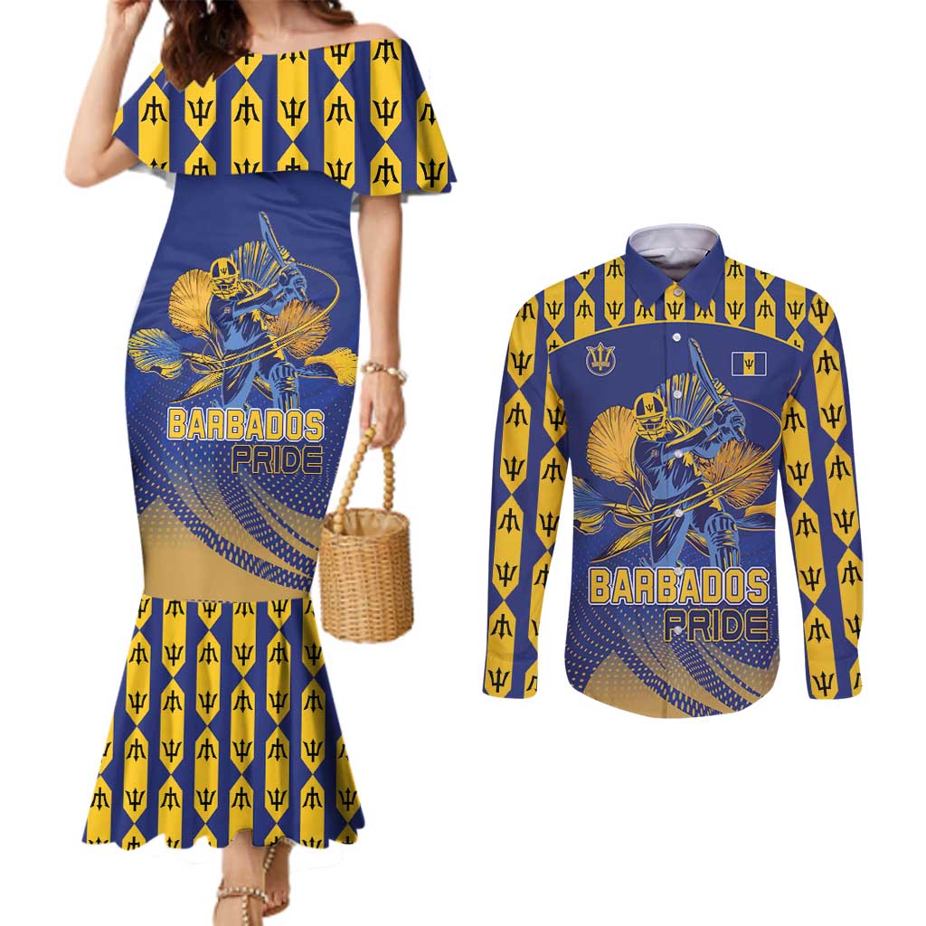 Custom Barbados Pride Cricket Couples Matching Mermaid Dress and Long Sleeve Button Shirt Dwarf Poinciana Flower Sporty Style