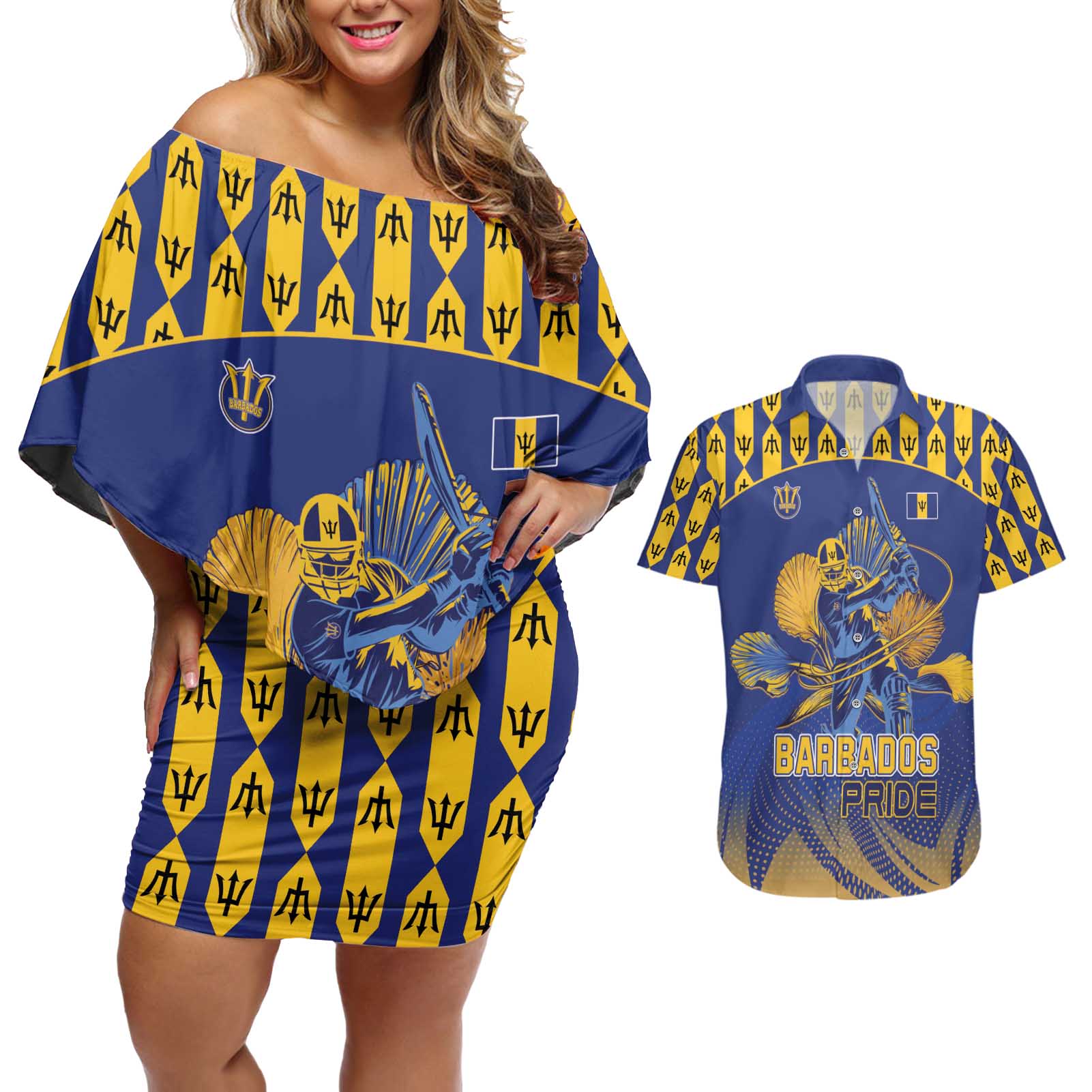 Custom Barbados Pride Cricket Couples Matching Off Shoulder Short Dress and Hawaiian Shirt Dwarf Poinciana Flower Sporty Style - Wonder Print Shop