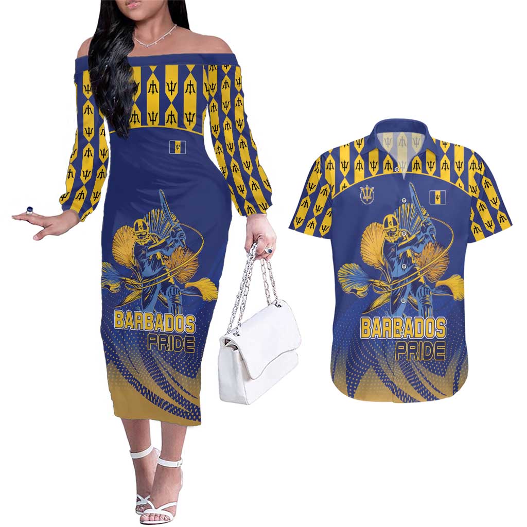 Custom Barbados Pride Cricket Couples Matching Off The Shoulder Long Sleeve Dress and Hawaiian Shirt Dwarf Poinciana Flower Sporty Style - Wonder Print Shop