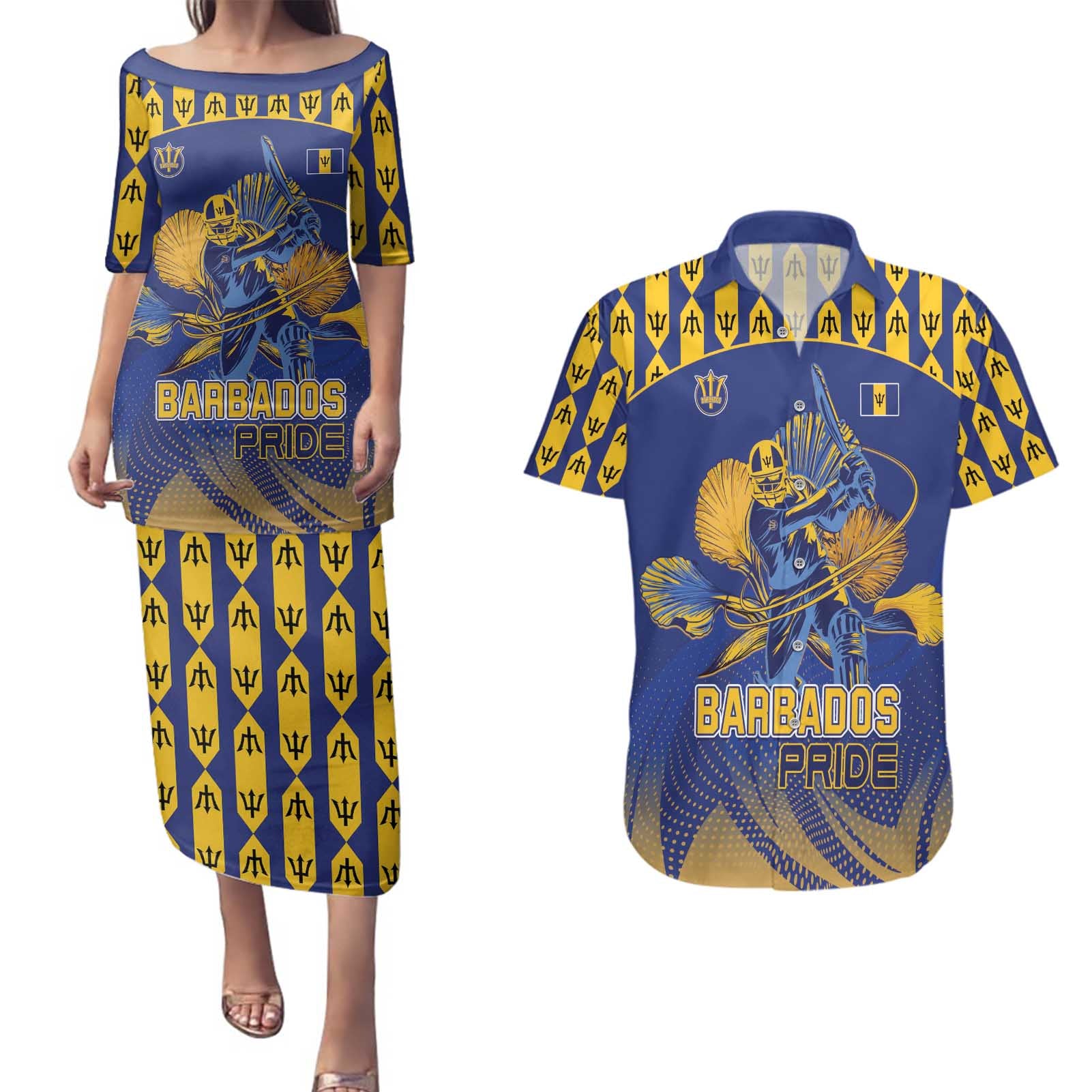 Custom Barbados Pride Cricket Couples Matching Puletasi and Hawaiian Shirt Dwarf Poinciana Flower Sporty Style - Wonder Print Shop