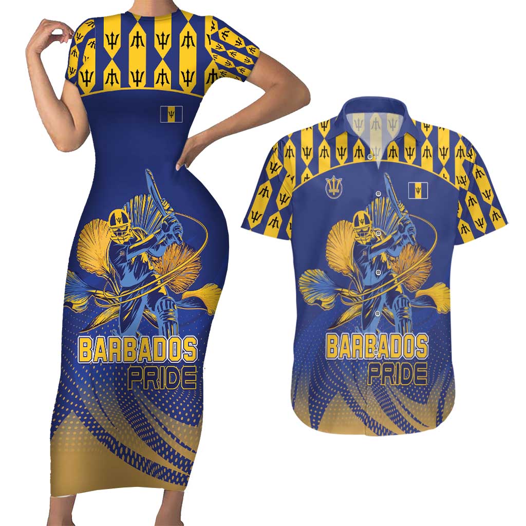 Custom Barbados Pride Cricket Couples Matching Short Sleeve Bodycon Dress and Hawaiian Shirt Dwarf Poinciana Flower Sporty Style - Wonder Print Shop