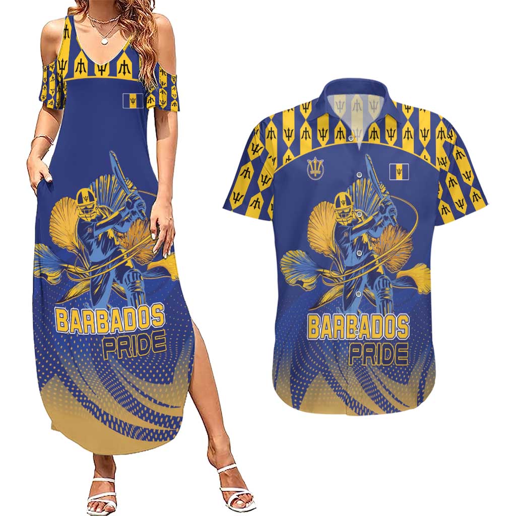 Custom Barbados Pride Cricket Couples Matching Summer Maxi Dress and Hawaiian Shirt Dwarf Poinciana Flower Sporty Style - Wonder Print Shop