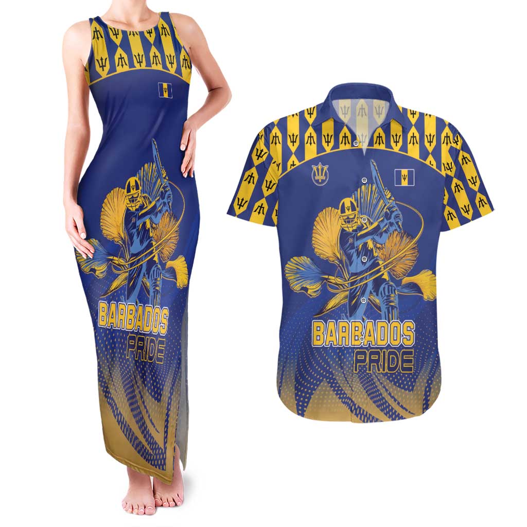 Custom Barbados Pride Cricket Couples Matching Tank Maxi Dress and Hawaiian Shirt Dwarf Poinciana Flower Sporty Style - Wonder Print Shop