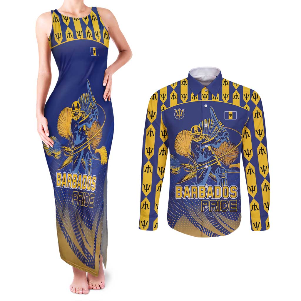 Custom Barbados Pride Cricket Couples Matching Tank Maxi Dress and Long Sleeve Button Shirt Dwarf Poinciana Flower Sporty Style - Wonder Print Shop