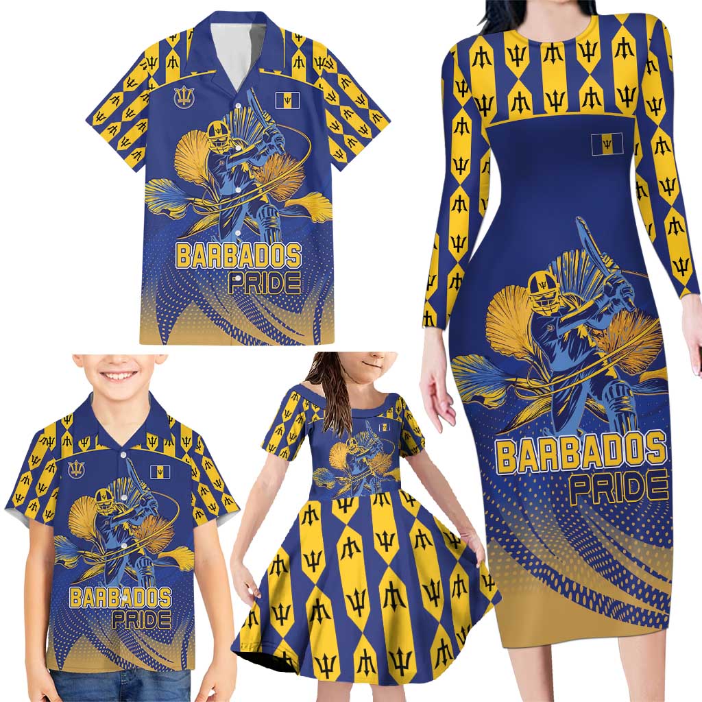 Custom Barbados Pride Cricket Family Matching Long Sleeve Bodycon Dress and Hawaiian Shirt Dwarf Poinciana Flower Sporty Style - Wonder Print Shop