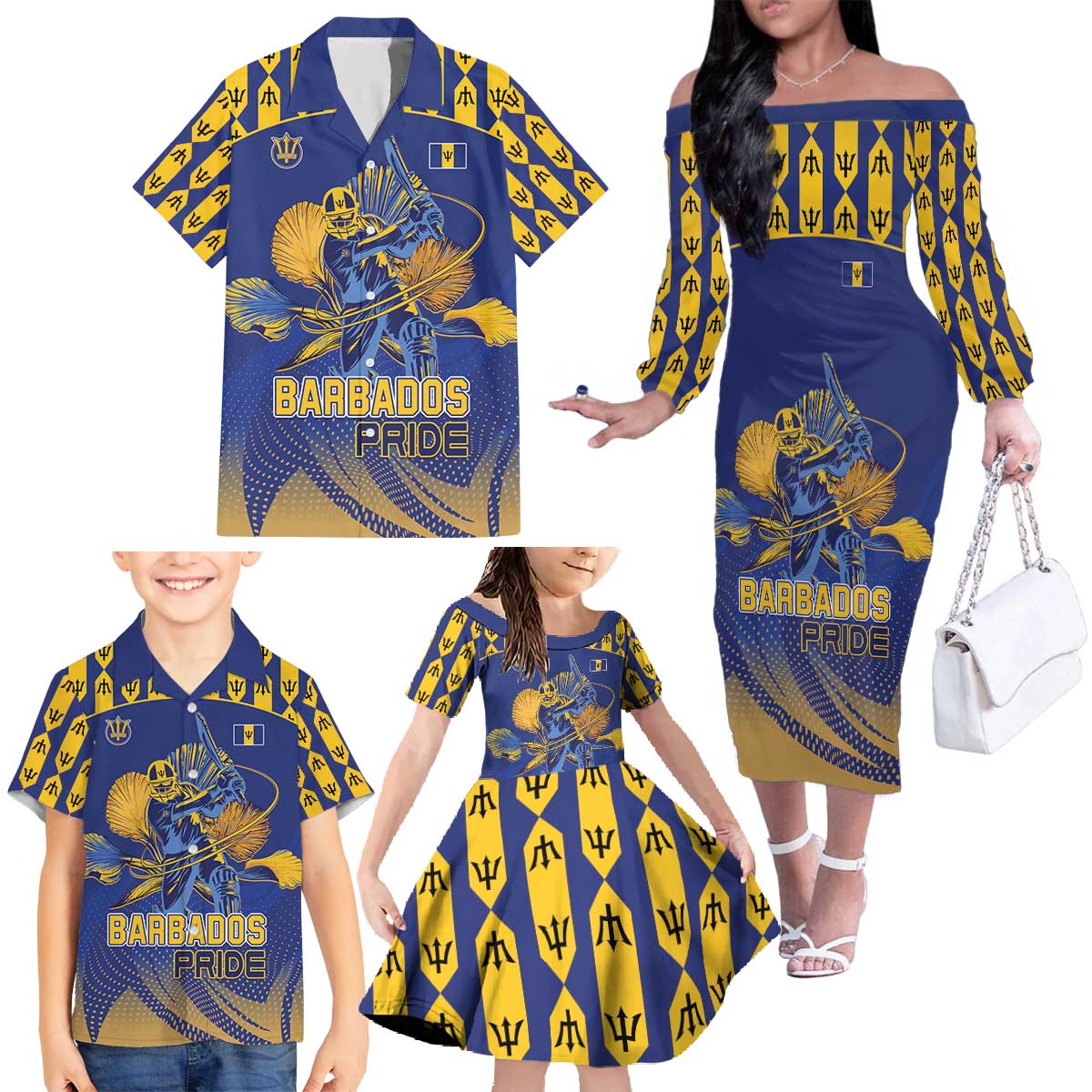 Custom Barbados Pride Cricket Family Matching Off The Shoulder Long Sleeve Dress and Hawaiian Shirt Dwarf Poinciana Flower Sporty Style - Wonder Print Shop