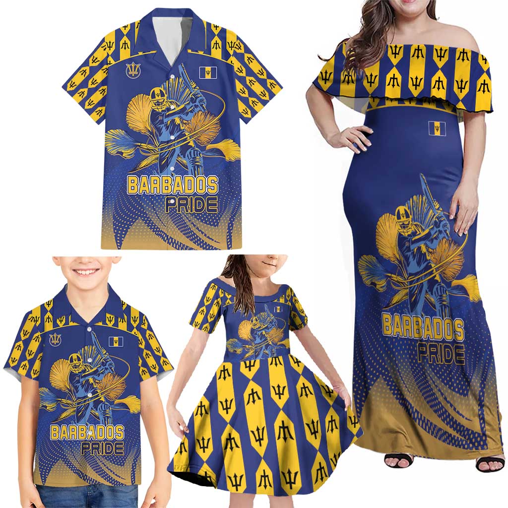 Custom Barbados Pride Cricket Family Matching Off Shoulder Maxi Dress and Hawaiian Shirt Dwarf Poinciana Flower Sporty Style - Wonder Print Shop