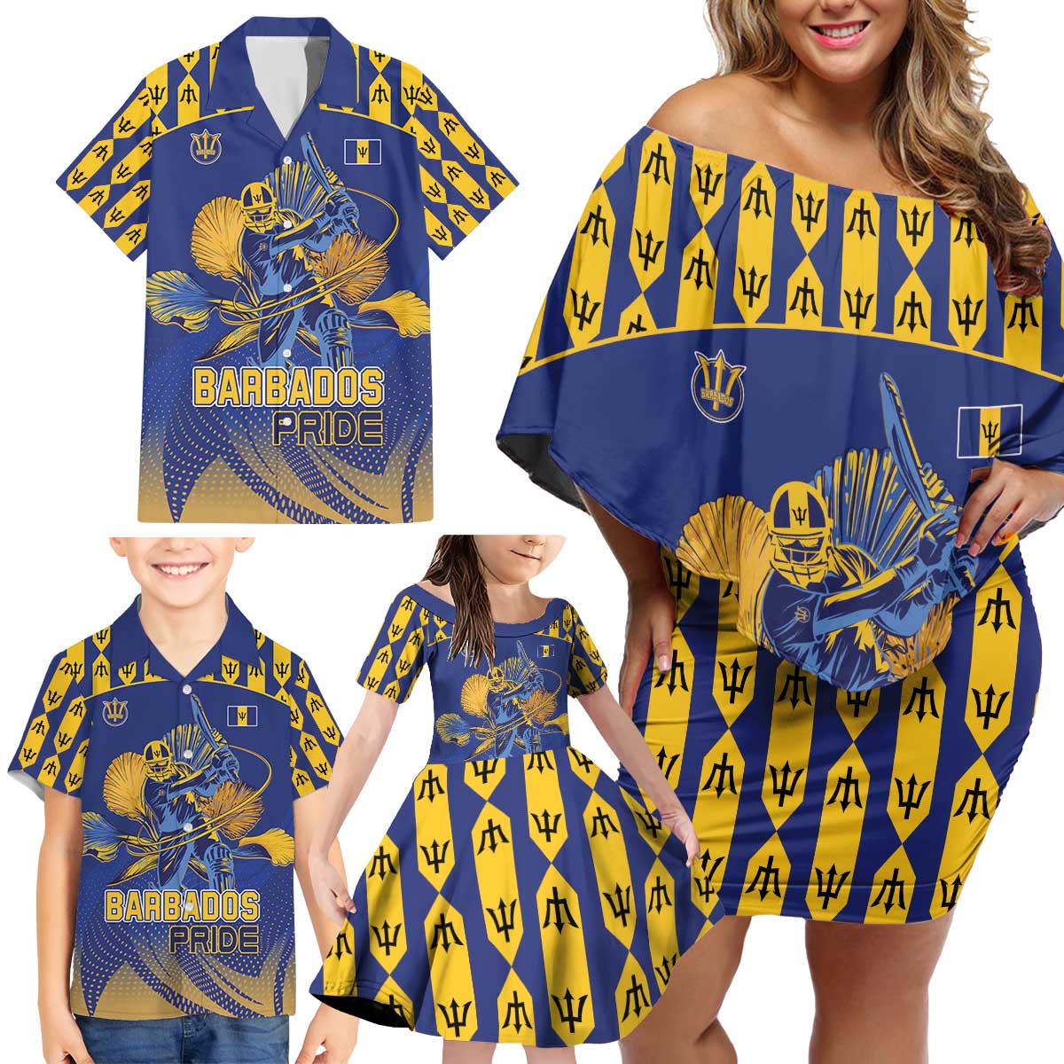 Custom Barbados Pride Cricket Family Matching Off Shoulder Short Dress and Hawaiian Shirt Dwarf Poinciana Flower Sporty Style - Wonder Print Shop