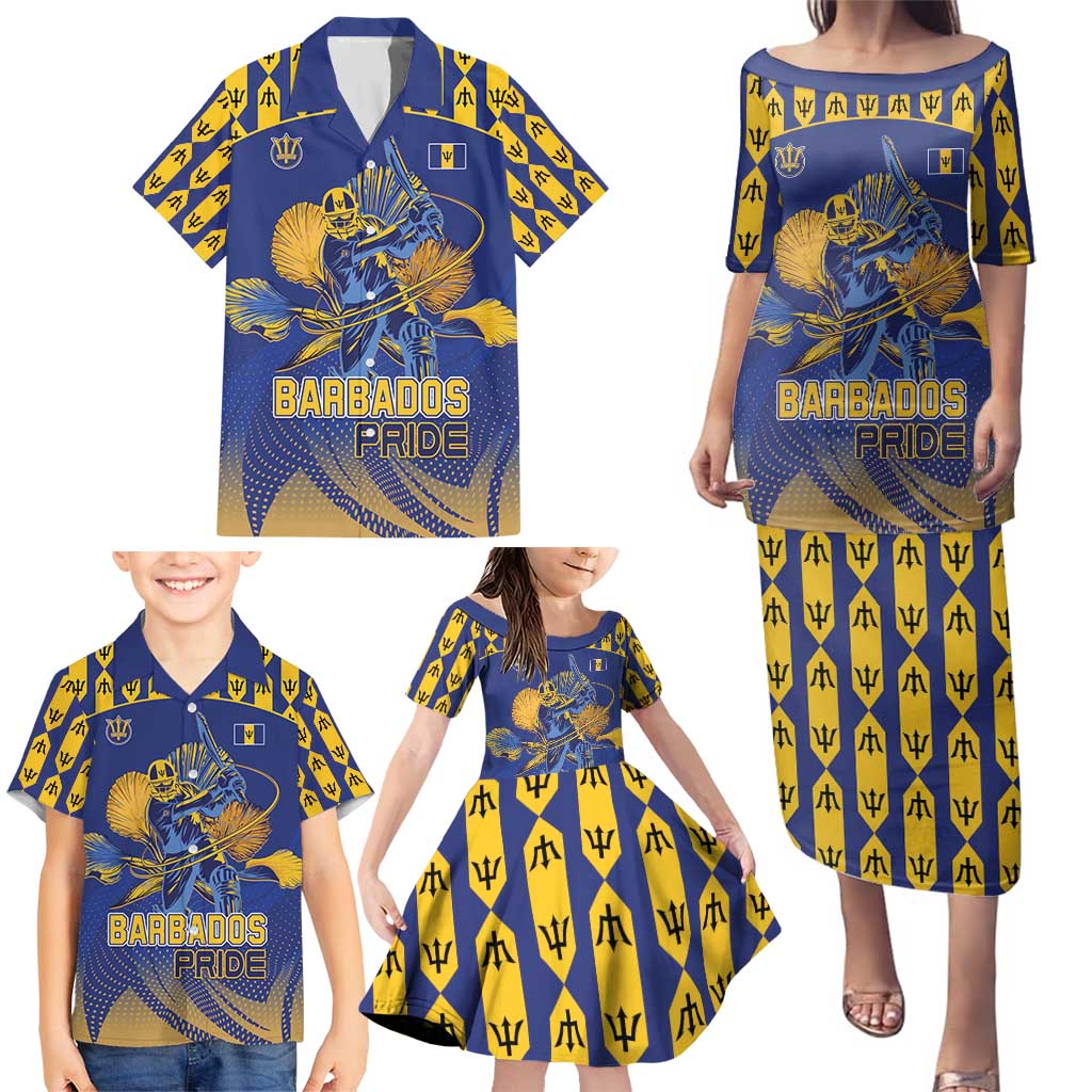 Custom Barbados Pride Cricket Family Matching Puletasi and Hawaiian Shirt Dwarf Poinciana Flower Sporty Style - Wonder Print Shop