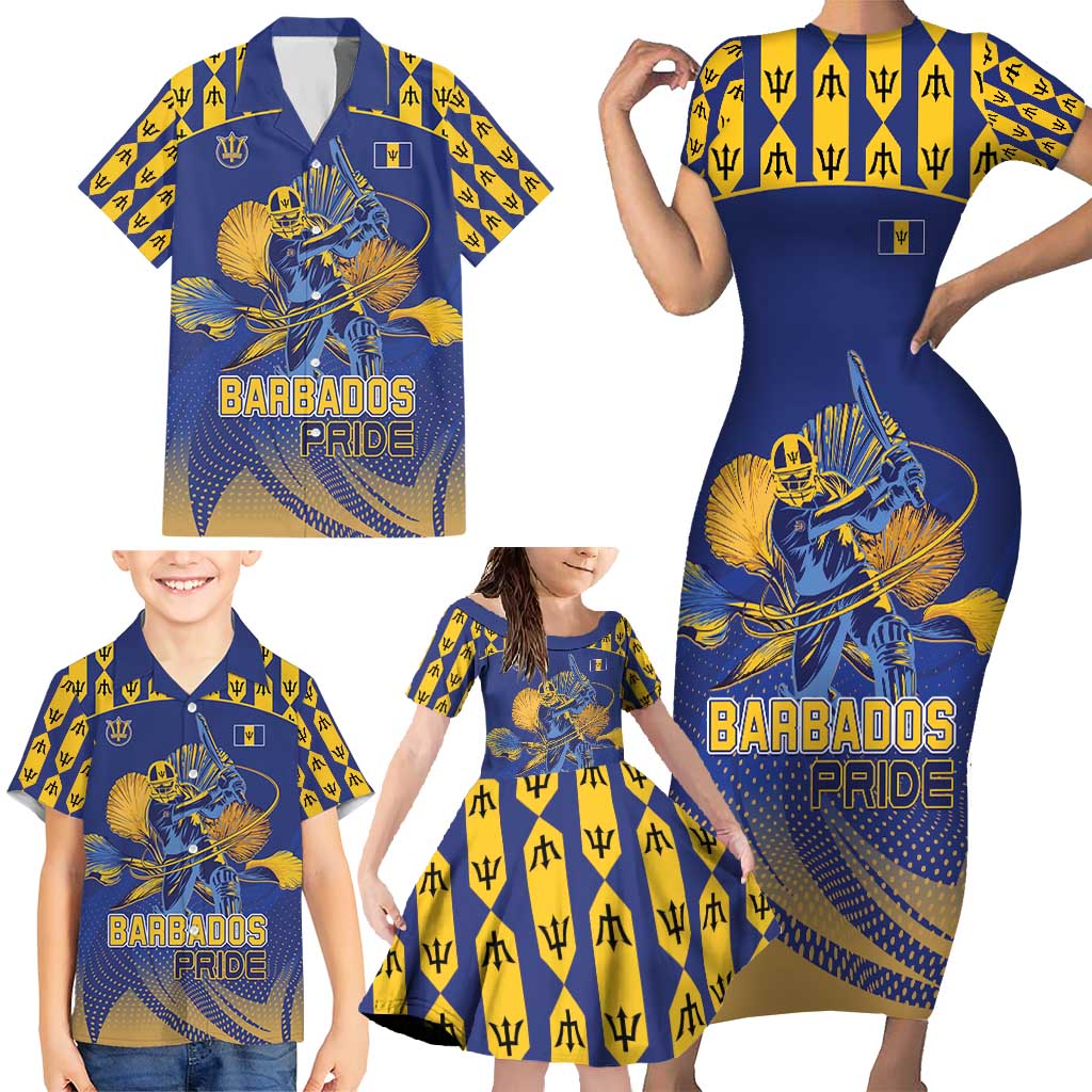 Custom Barbados Pride Cricket Family Matching Short Sleeve Bodycon Dress and Hawaiian Shirt Dwarf Poinciana Flower Sporty Style - Wonder Print Shop