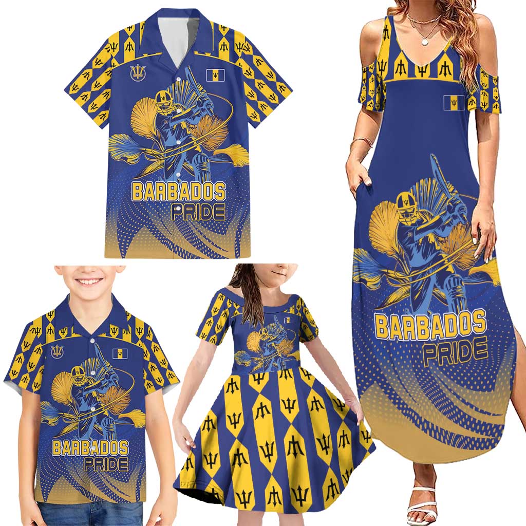 Custom Barbados Pride Cricket Family Matching Summer Maxi Dress and Hawaiian Shirt Dwarf Poinciana Flower Sporty Style - Wonder Print Shop