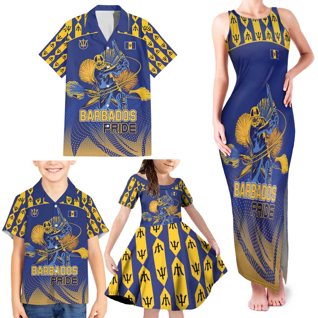 Custom Barbados Pride Cricket Family Matching Tank Maxi Dress and Hawaiian Shirt Dwarf Poinciana Flower Sporty Style - Wonder Print Shop