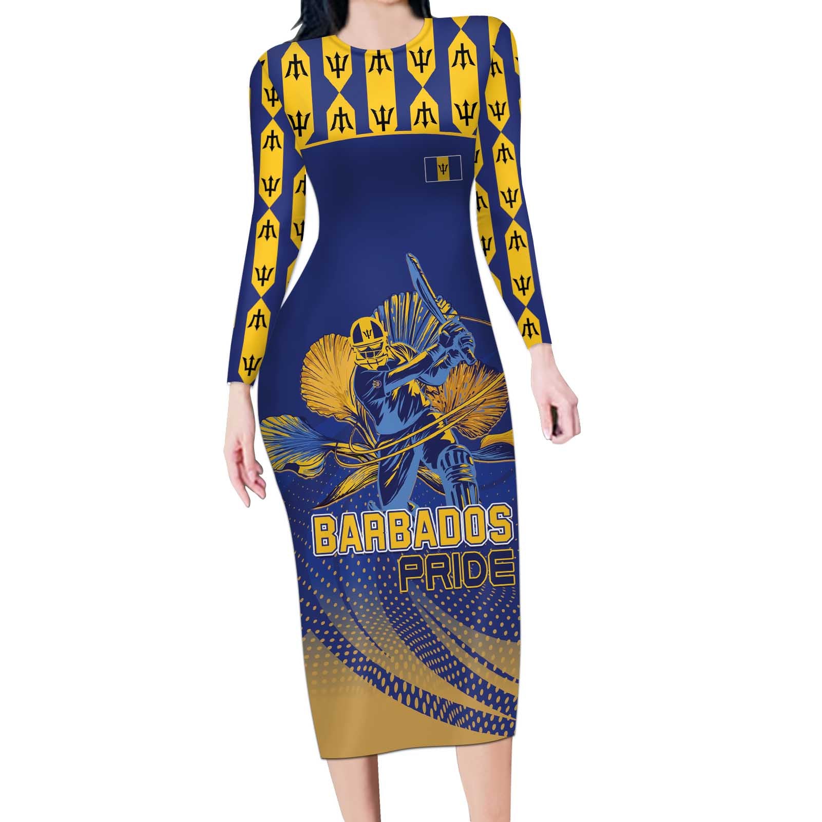 Custom Barbados Pride Cricket Long Sleeve Bodycon Dress Dwarf Poinciana Flower Sporty Style - Wonder Print Shop