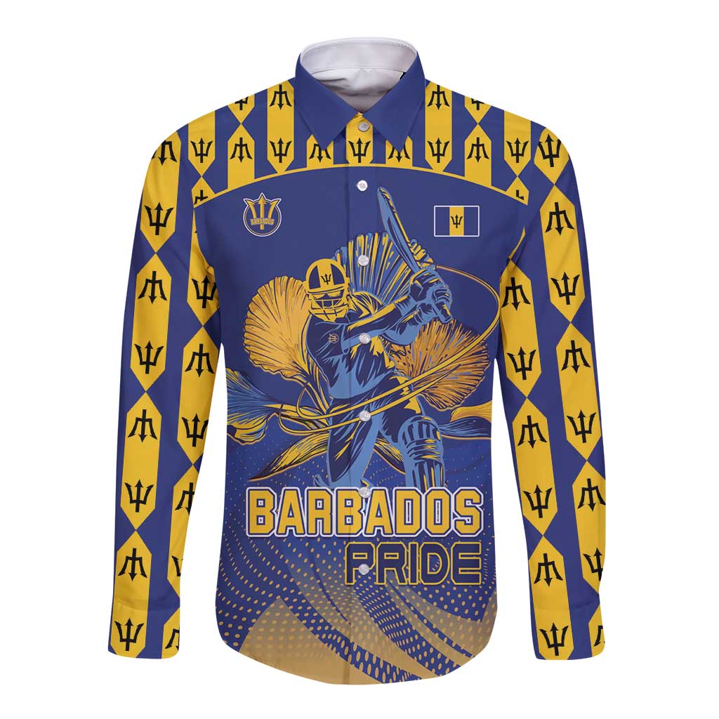 Custom Barbados Pride Cricket Long Sleeve Button Shirt Dwarf Poinciana Flower Sporty Style - Wonder Print Shop