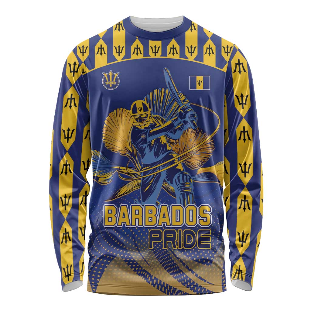 Custom Barbados Pride Cricket Long Sleeve Shirt Dwarf Poinciana Flower Sporty Style - Wonder Print Shop