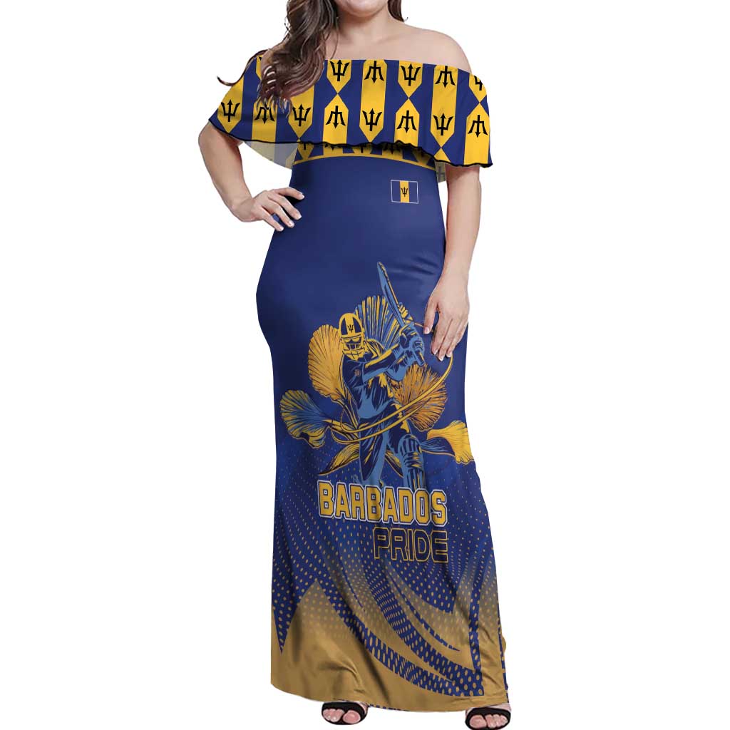 Custom Barbados Pride Cricket Off Shoulder Maxi Dress Dwarf Poinciana Flower Sporty Style - Wonder Print Shop