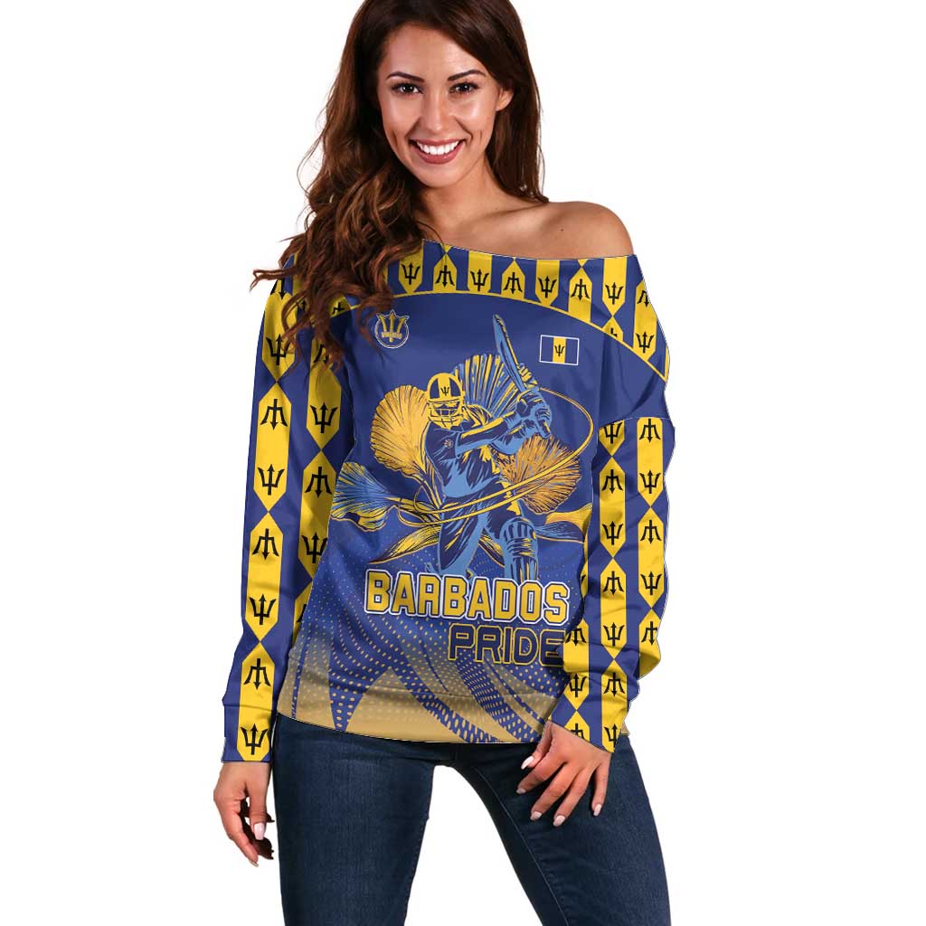 Custom Barbados Pride Cricket Off Shoulder Sweater Dwarf Poinciana Flower Sporty Style - Wonder Print Shop