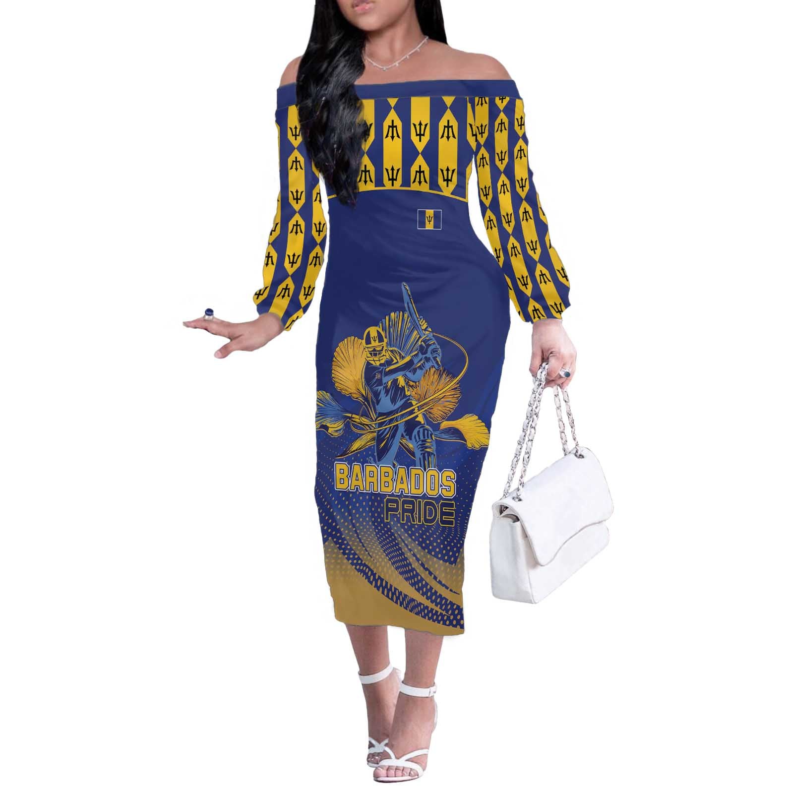 Custom Barbados Pride Cricket Off The Shoulder Long Sleeve Dress Dwarf Poinciana Flower Sporty Style - Wonder Print Shop