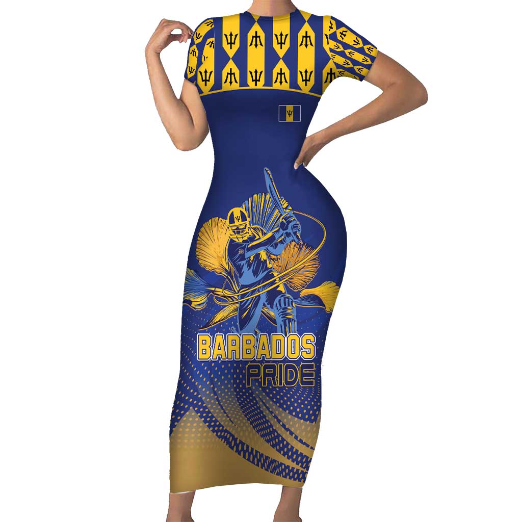 Custom Barbados Pride Cricket Short Sleeve Bodycon Dress Dwarf Poinciana Flower Sporty Style - Wonder Print Shop