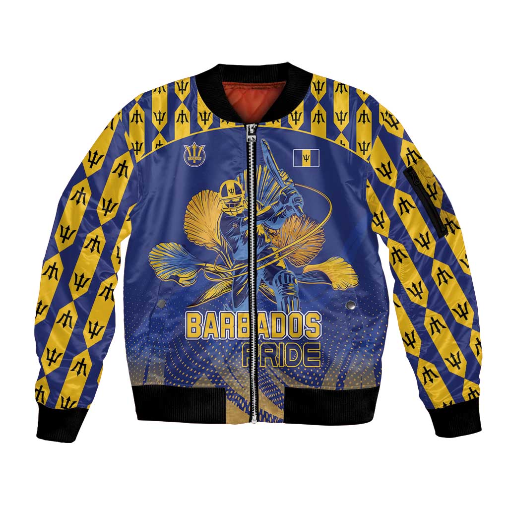 Custom Barbados Pride Cricket Sleeve Zip Bomber Jacket Dwarf Poinciana Flower Sporty Style - Wonder Print Shop